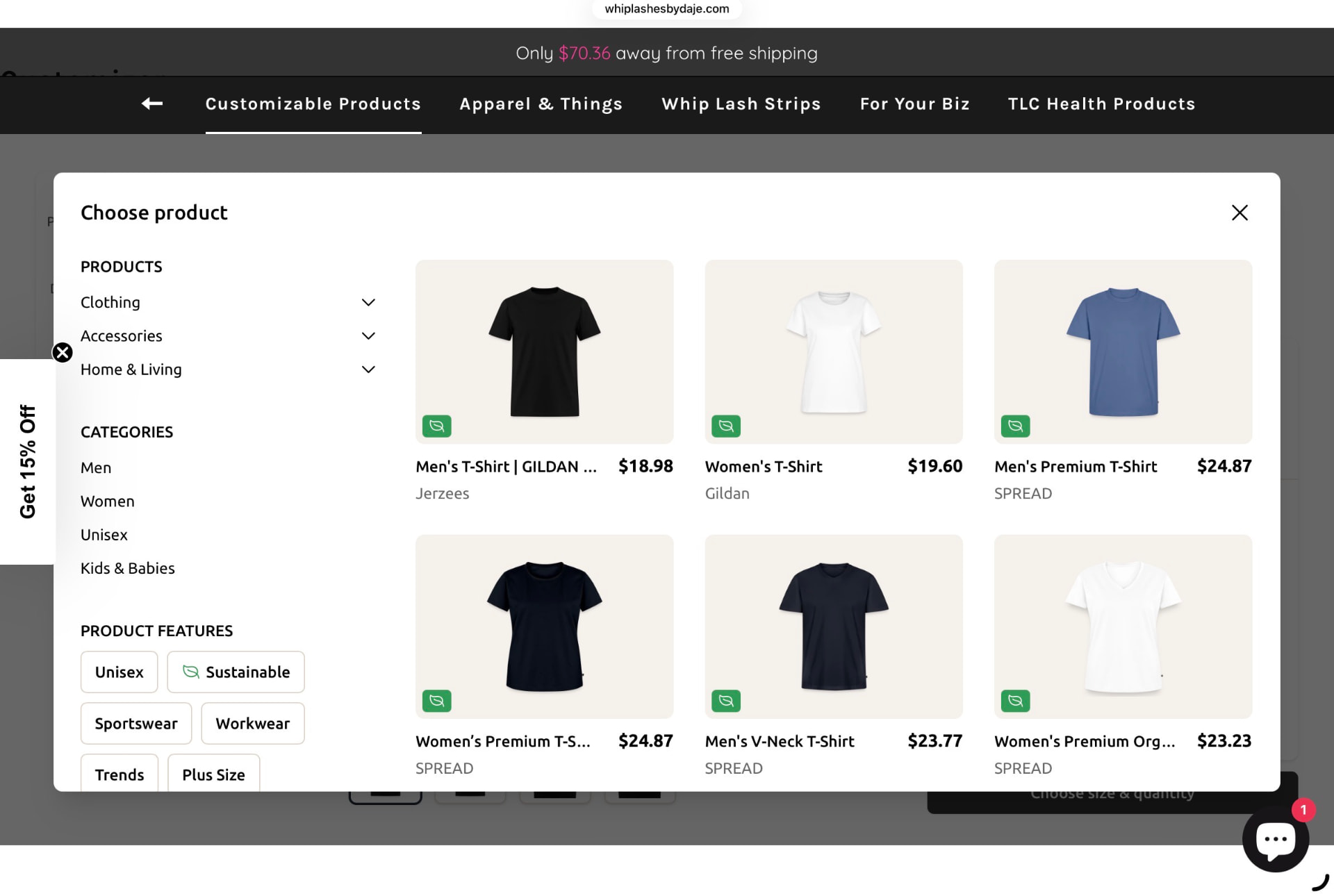 T-shirt style and pricing selector modal
