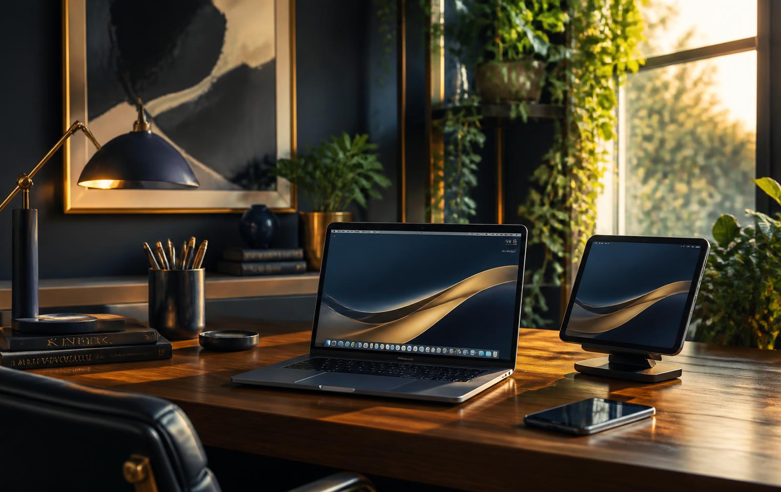Luxury home office with a laptop, tablet and phone surrounded by greenery